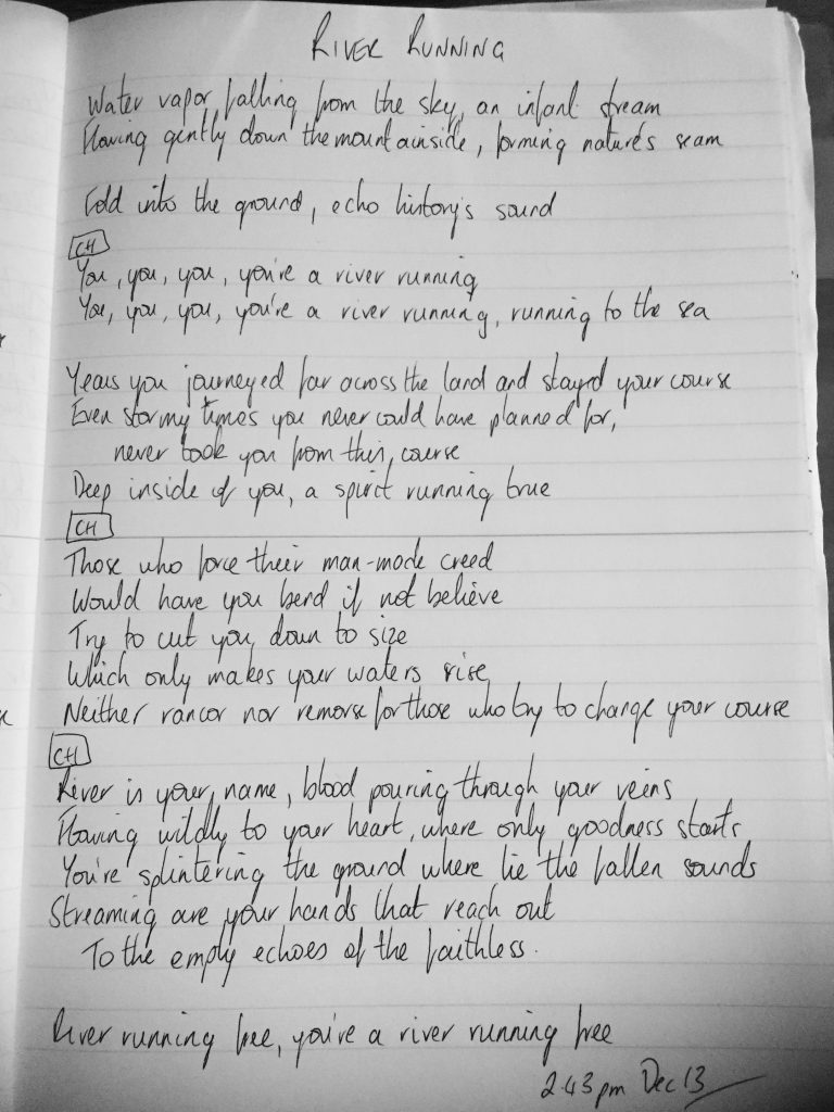Handwritten lyrics of new song River Running