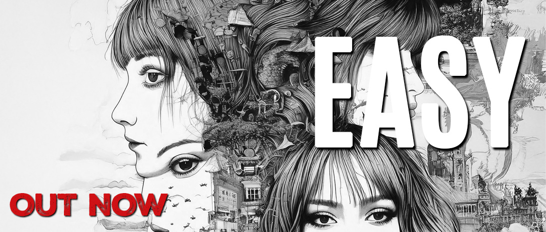 Artwork for Kathy Muir’s upcoming single EASY, featuring an intricate black-and-white illustration of a woman's face merging with surreal cityscape elements. The text 'Out NOW'.