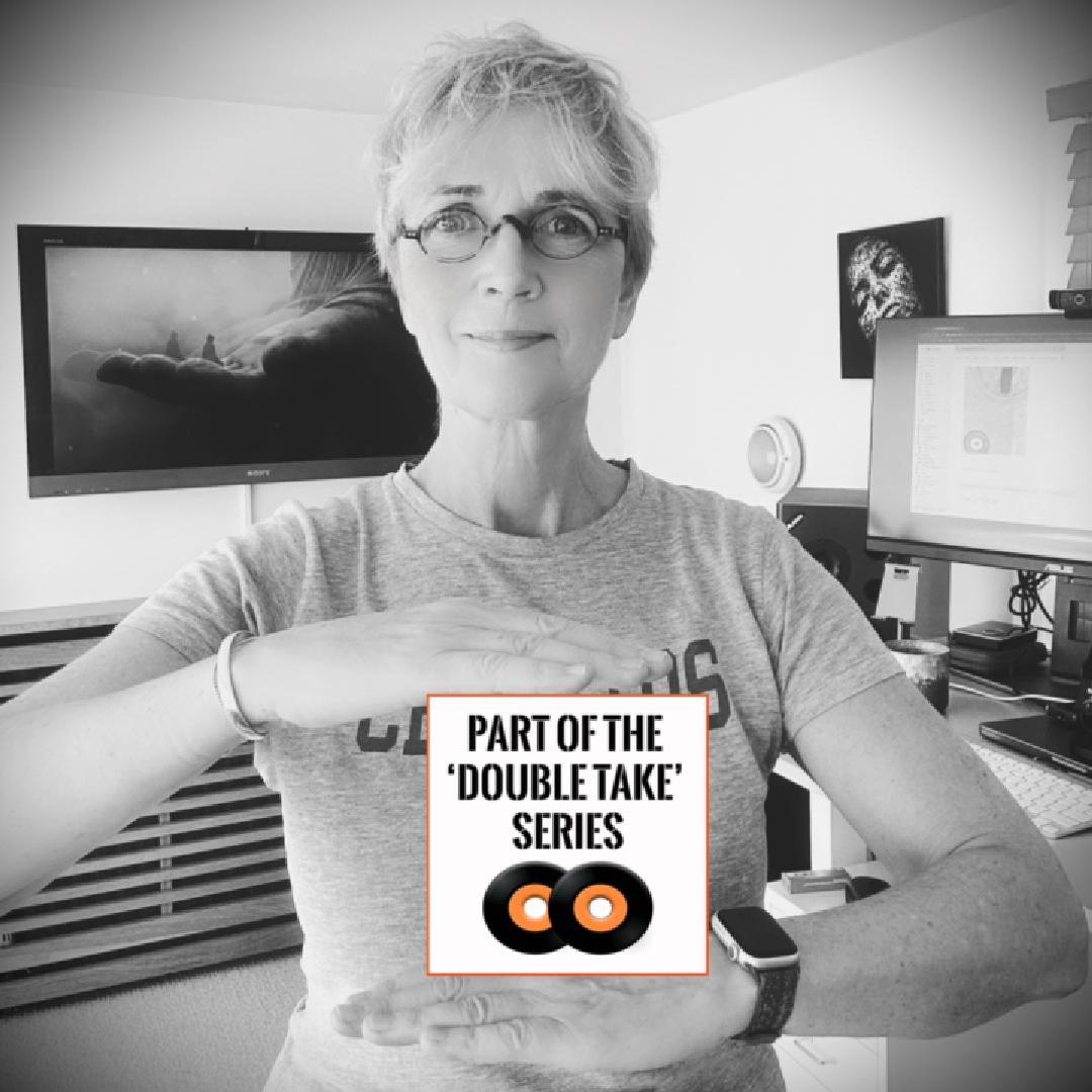 Blonde-haired woman with glasses holding an invisible frame containing the Double Take Series logo.